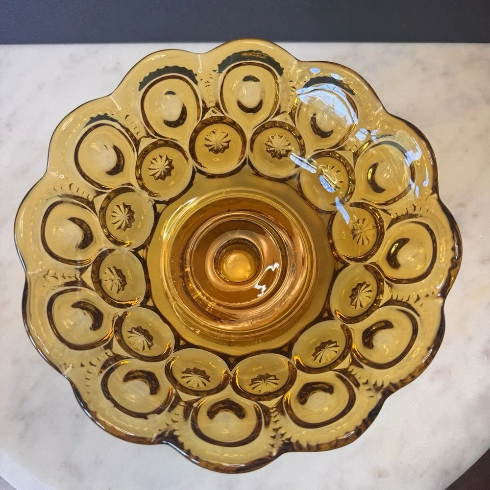 LE Smith Amber Glass Moon & Stars Pedestal / Bowl ~ Brass Arch Holder Stand